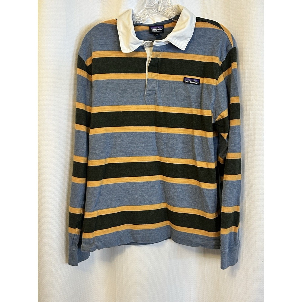 Patagonia Long Sleeve Mens M Orange Blue Striped Pullover Organic Cotton Rugby